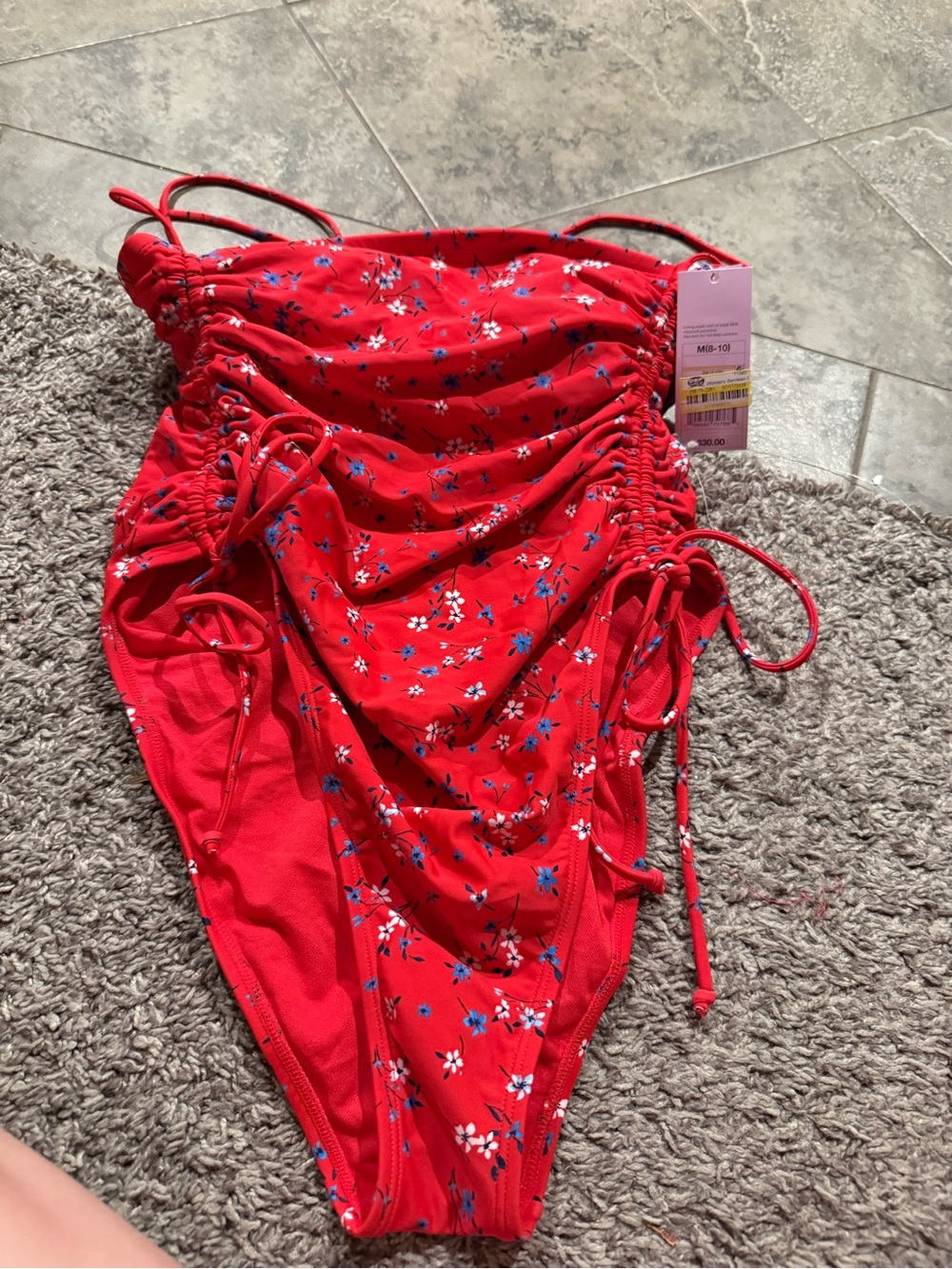 💜Red Floral One-Piece Swimsuit with Drawstring Sides